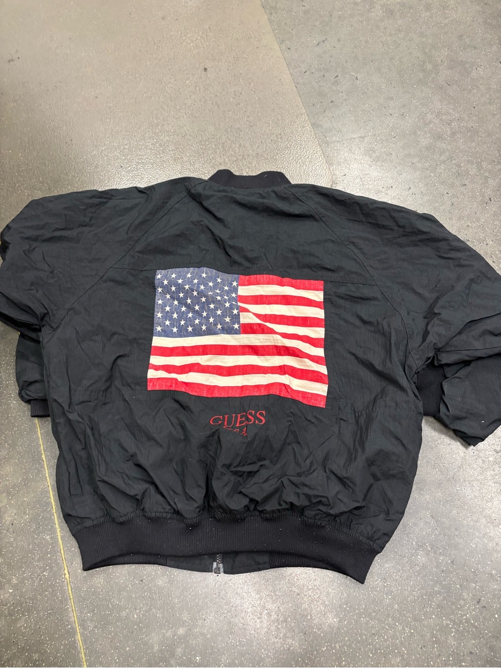 VTG GUESS Black Bomber Jacket with American Flag Back Patch Sz M